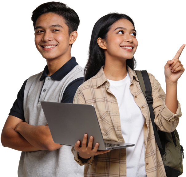 Happy students with laptop